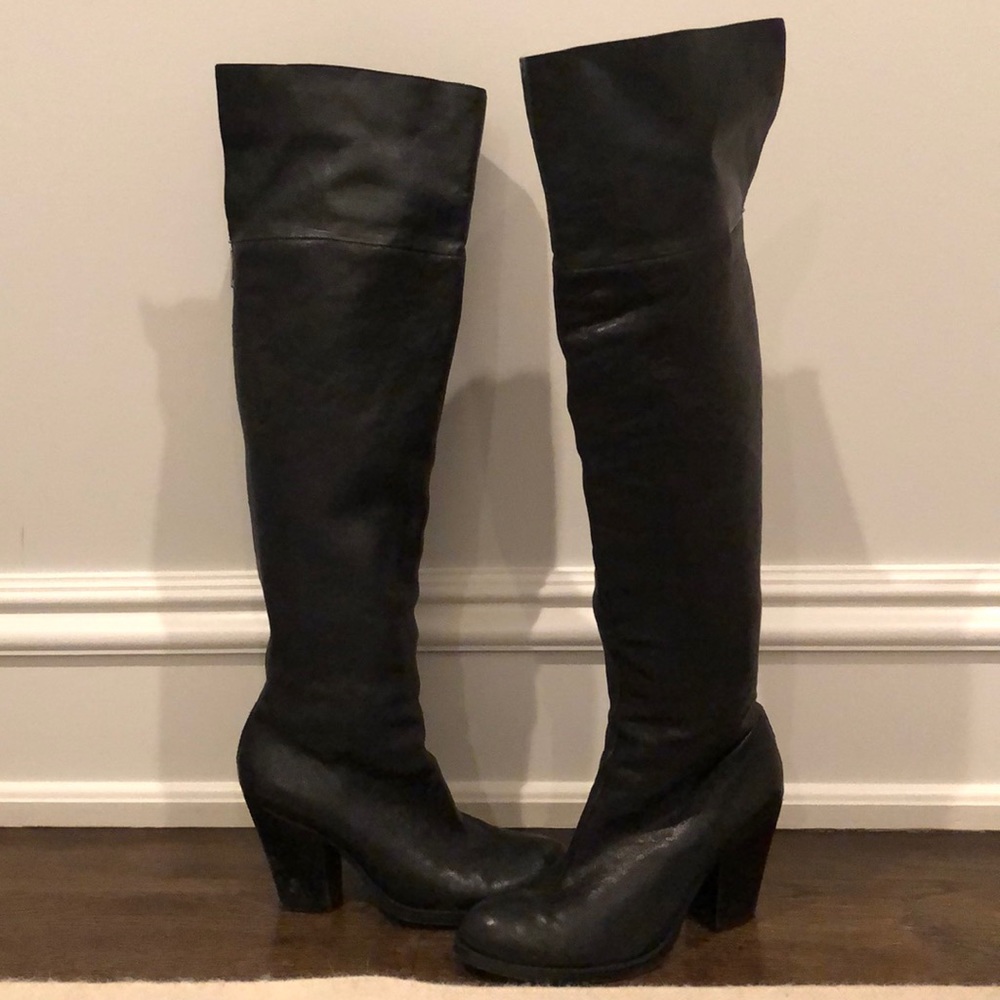 Black faux leather over the knee boots